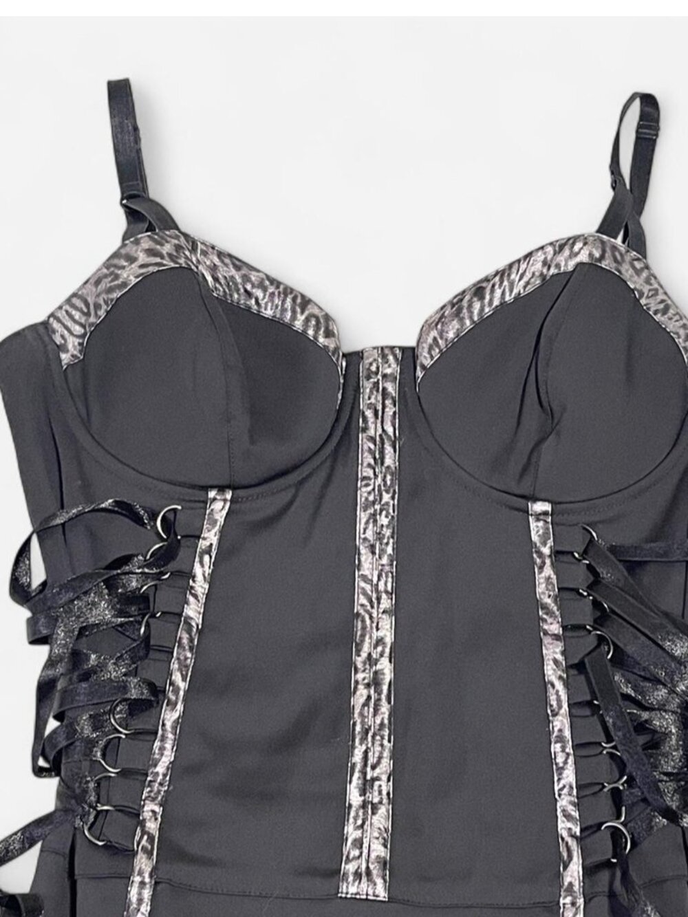 Guess y2k boned corset black mini dress leopard print trim and lace-up  size 6